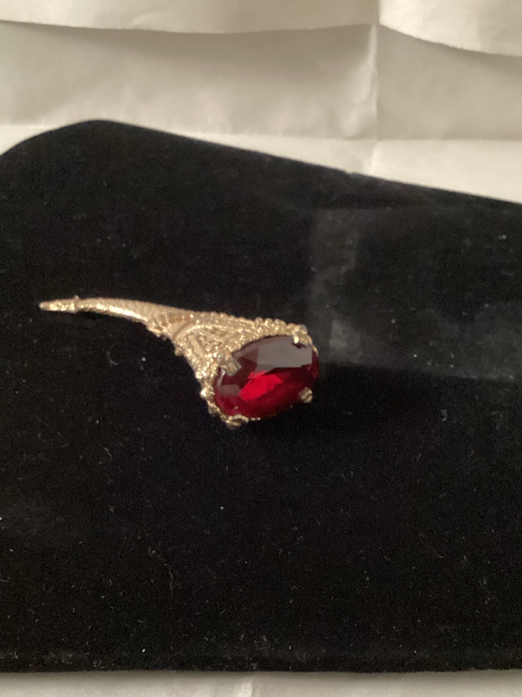 Gold-Tone Horn Trinket Oval Ruby-Red Gemstone